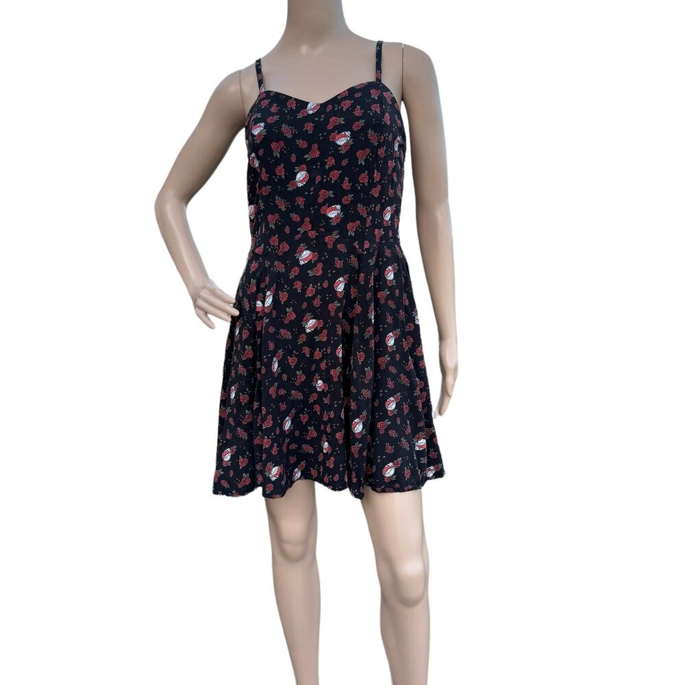By Junk Food Grateful Dead Rose Skater Dress M Black Floral Sweetheart Mini